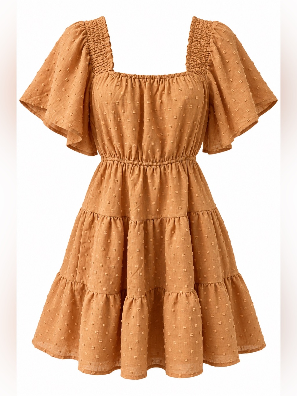 MINE Tan Swiss Dot Tiered Boho Mini Dress Size S